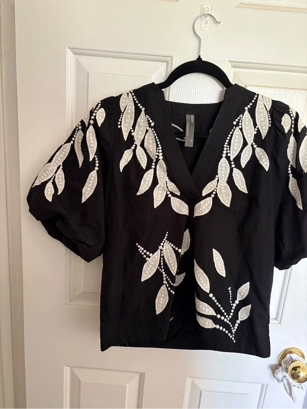 Anthropologie Black V-Neck Cotton Top with White Leaf Embroidery